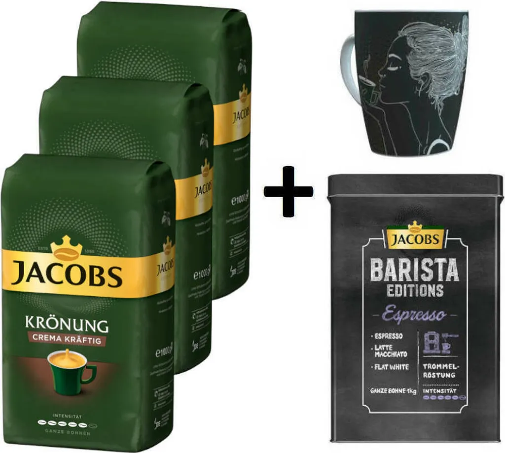 JACOBS Kaffeebohnen Krönung Crema Kräftig 3 Kg Geröstete Ganze Bohnen + 1 Jacobs Barista Becher + 1 Dose 1 JACOBS Kaffeebohnen Krönung Crema Kräftig 3 Kg Geröstete Ganze Bohnen + 1 Jacobs Barista Becher + 1 Dose