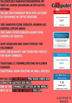LUCIFER'S ROAST 4x1kg Espresso By KIQO Aus Italien - Starke Kaffeebohnen Für Kaffeevollautomaten Und Siebträger - Säurearm - 100% Robusta (ganze Bohnen, 4x1kg) -KaffeeGlück Angebote 3ed059e3d41ec896fbad0e2ae121586b