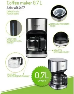 Adler AD-4407 Tropfkaffeemaschine 8 Tassen, Edelstahl, BPA-frei, 550 W, 550 W, 0,7 Liter, Schwarz Und Grau -KaffeeGlück Angebote 7d246c1edde7207af62c890f59f21405