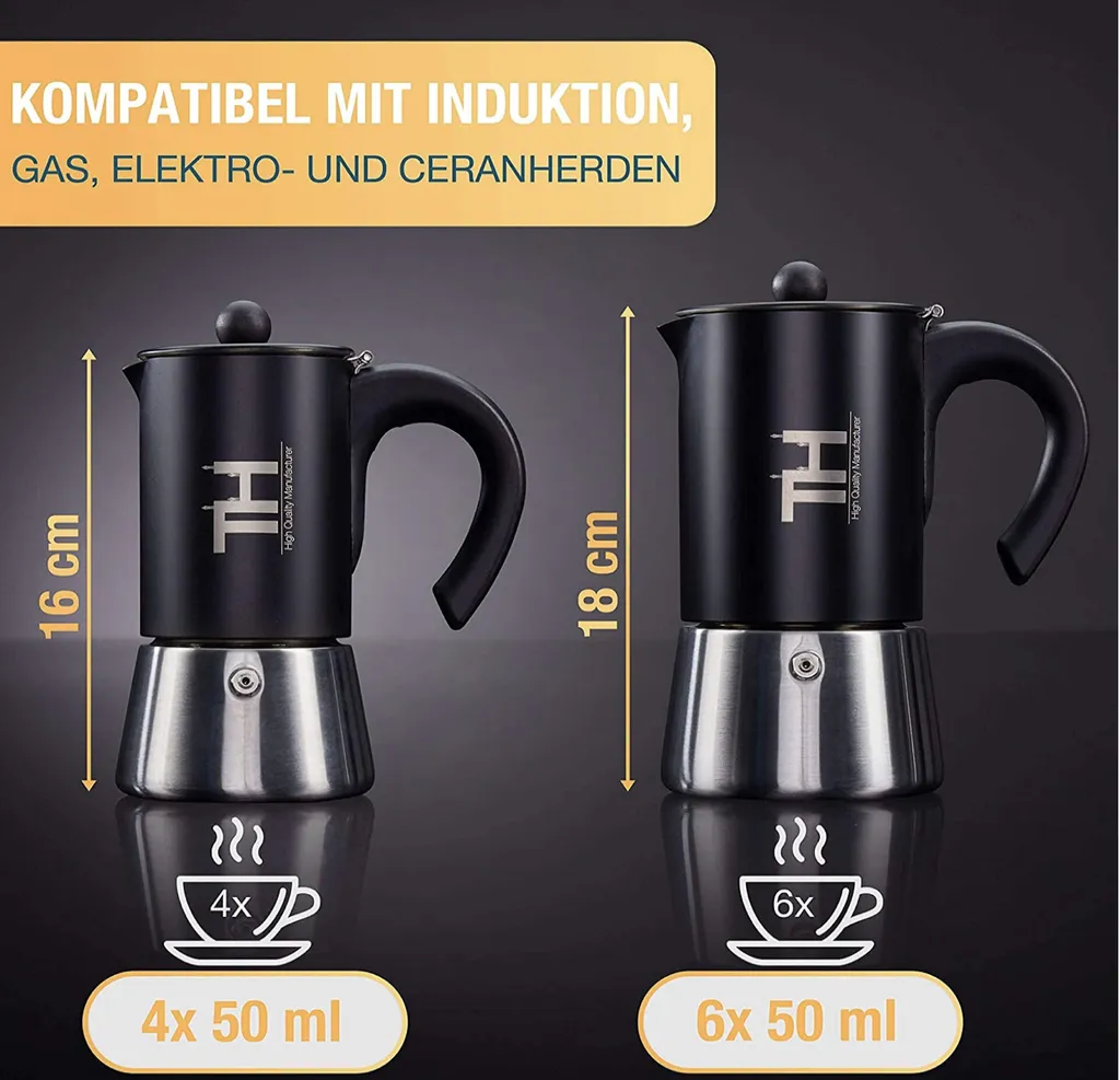Thiru Espressokocher Induktion L Premium Mokkakanne Aus Edelstahl Inkl. Toolset (Schwarz, 6 Tassen (300ml)) 4 Thiru Espressokocher Induktion L Premium Mokkakanne Aus Edelstahl Inkl. Toolset (Schwarz, 6 Tassen (300ml)) – Bild 4