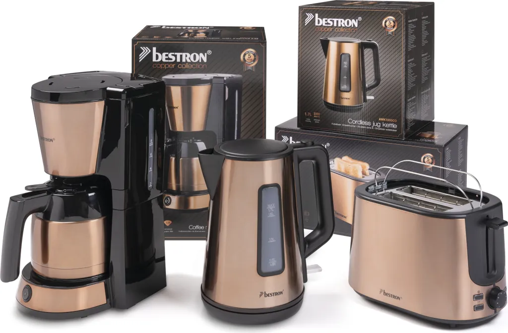 Bestron Filter-Kaffeemaschine Für 8 Tassen Kaffee, Inkl. 1L Thermokanne + Toaster Mit 2 Röstkammern + Wasserkocher Mit 360° Basis, Vorteilspaket Der Copper Collection, Farbe: Kupfer 1 Bestron Filter-Kaffeemaschine Für 8 Tassen Kaffee, Inkl. 1L Thermokanne + Toaster Mit 2 Röstkammern + Wasserkocher Mit 360° Basis, Vorteilspaket Der Copper Collection, Farbe: Kupfer