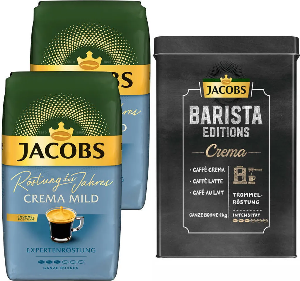 JACOBS Kaffeebohnen Expertenröstung Crema Mild Röstung Des Jahres 2 X 1 Kg + 1 Aluminium Dose Barista Design 1 JACOBS Kaffeebohnen Expertenröstung Crema Mild Röstung Des Jahres 2 X 1 Kg + 1 Aluminium Dose Barista Design