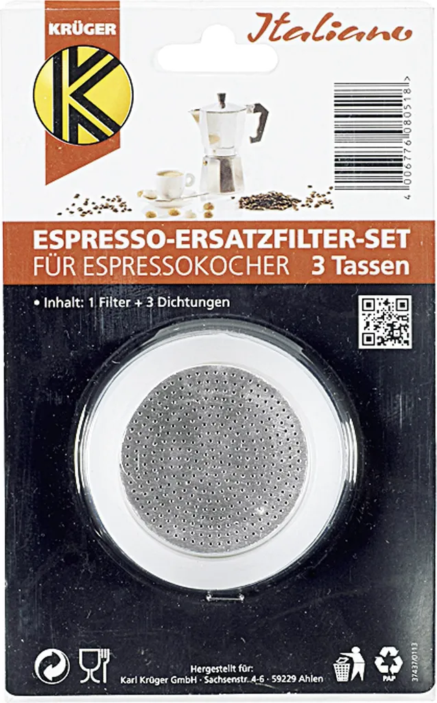 Krüger 504-S Espresso Ersatzfilter-Set Für Espressokocher Für 3 Tassen, Silber/weiß, 4-teilig (1 Set) 1 Krüger 504-S Espresso Ersatzfilter-Set Für Espressokocher Für 3 Tassen, Silber/weiß, 4-teilig (1 Set)