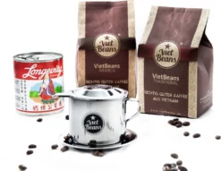 Vietnamesisches Kaffee-Starterset VietBeans Gemahlen - 2 X 250g Gemahlener Röstkaffee + Filter (Phin) + Gez. Kondensmilch -KaffeeGlück Angebote d7181f7d2ef11274d0cc4f39fc4f87b5